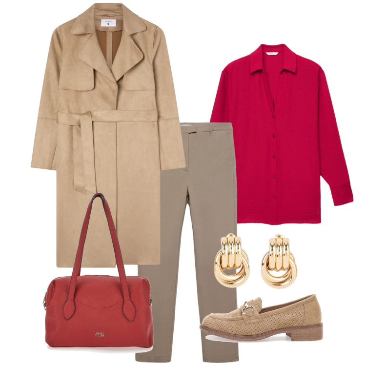 Outfit donna - Total look #2378344. Stile Casual per Ufficio. Abbinamento con orecchini, camicie, pantaloni skinny, trench, borse a spalla, mocassini.