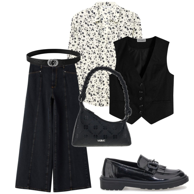 Outfit donna - Total look #2378346. Stile Urban per Ufficio. Abbinamento con gilet, camicie, jeans, cinture, borse a mano, mocassini.