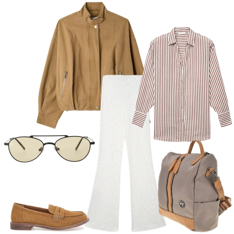 Outfit donna - Total look #2378347. Stile Urban per Ufficio. Abbinamento con bomber, camicie, leggings, occhiali da sole, zaini, mocassini.