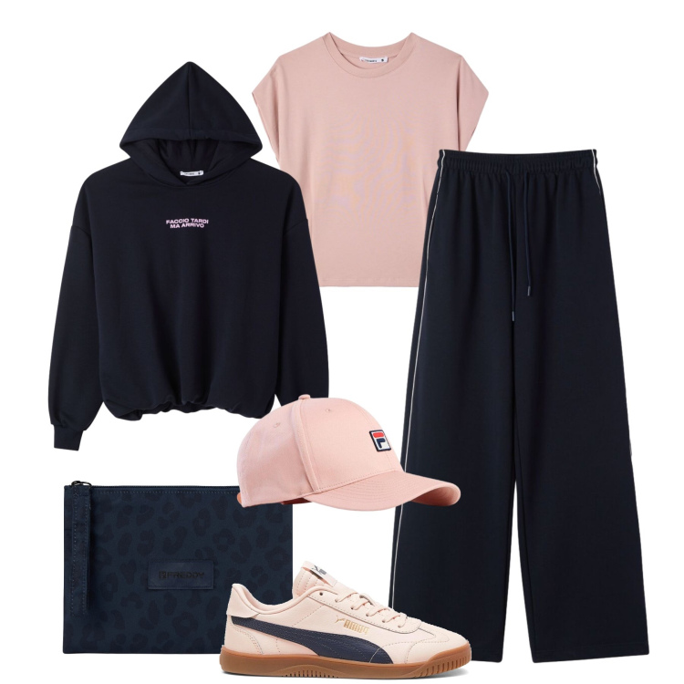 Outfit donna - Mattina al mercato. Stile Casual per Tutti i giorni. Abbinamento con cappelli con visiera, pantaloni, t-shirt, felpe con cappuccio, clutch, sneakers.