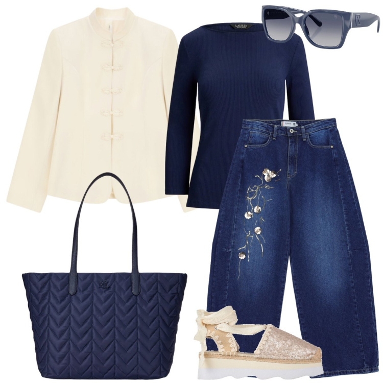 Outfit donna - Passeggiata. Stile Casual chic per Tutti i giorni. Abbinamento con décolleté, jeans, blazer, occhiali da sole, borse tote, t-shirt.