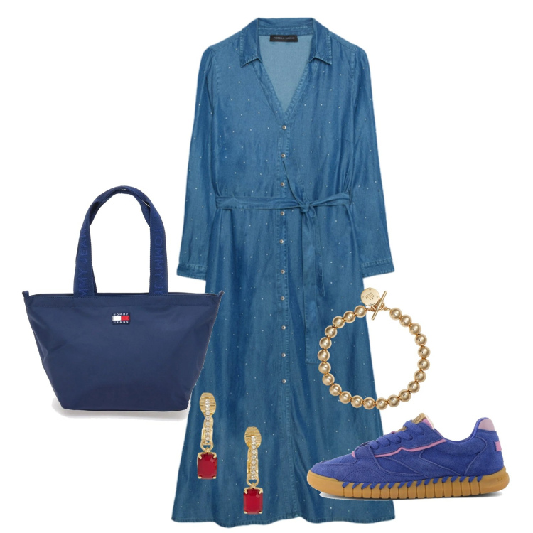 Outfit donna - Total look #2378351. Stile Sporty chic per Scuola/Università. Abbinamento con vestiti, orecchini, braccialetti, sneakers, borse tote.