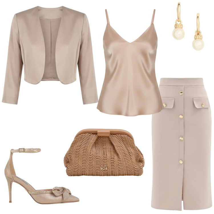 Outfit donna - Total Look. Stile Glamour per Ufficio. Abbinamento con décolleté, gonne longuette, top, pochette, blazer, orecchini.