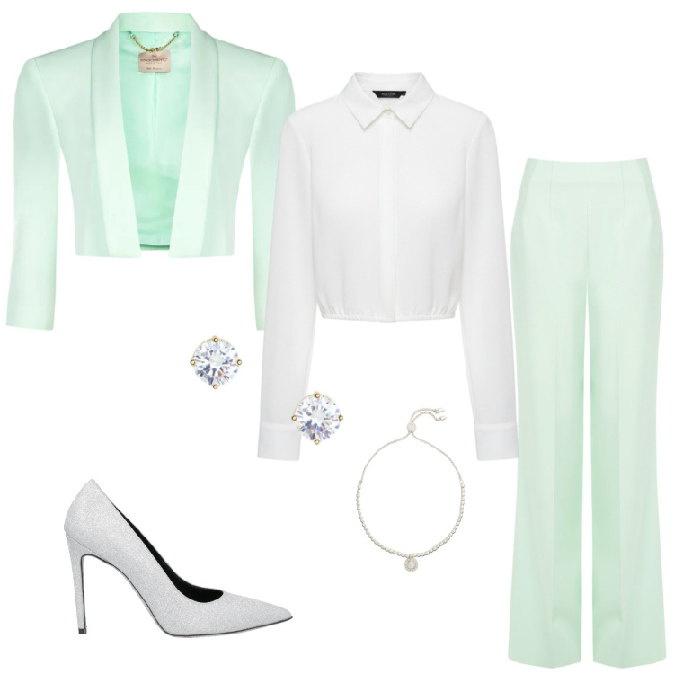 Outfit donna - Il tailleur di primavera. Stile Glamour per Ufficio. Abbinamento con décolleté, bolero, pantaloni a palazzo, camicie, braccialetti, orecchini.
