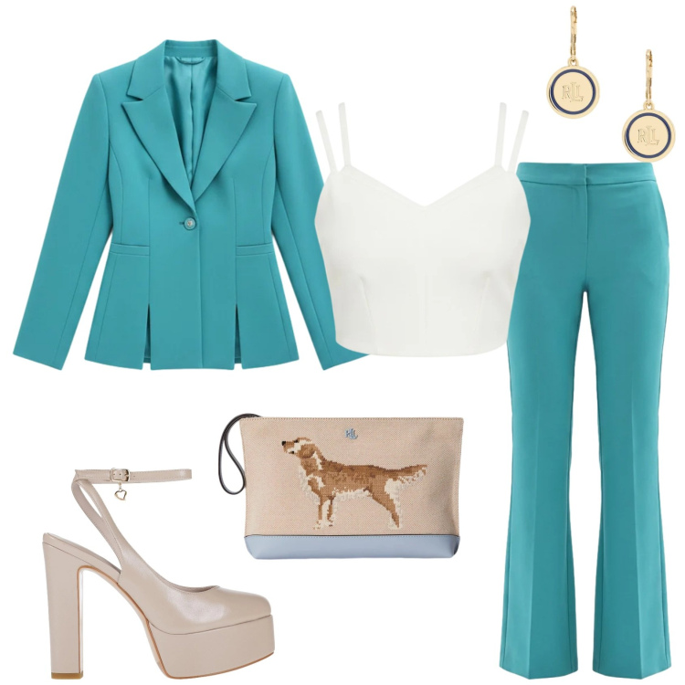 Outfit donna - Tailleur Rinascimento. Stile Glamour per Ufficio. Abbinamento con décolleté, pantaloni a palazzo, blazer, top, orecchini, pochette.