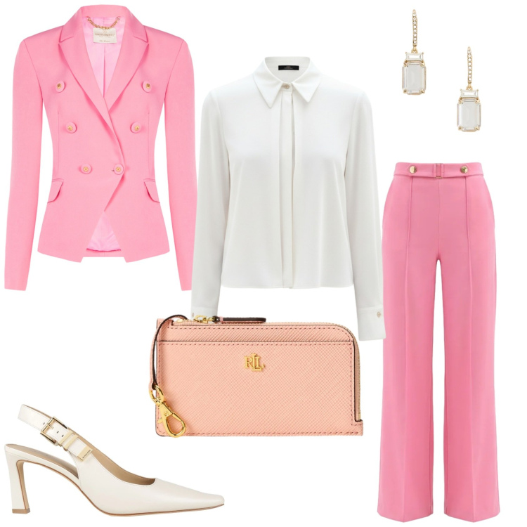 Outfit donna - Il tailleur Rinascimento. Stile Glamour per Ufficio. Abbinamento con décolleté, blazer, pantaloni a palazzo, camicie, orecchini, portafogli.
