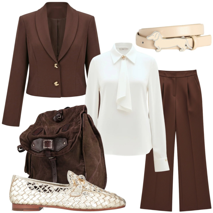 Outfit donna - Tonalità chocolat. Stile Glamour per Ufficio. Abbinamento con zaini, mocassini, blazer, camicie, pantaloni a palazzo, cinture.