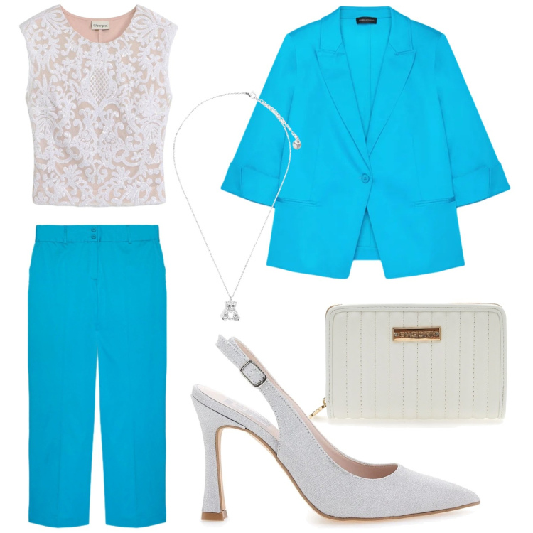 Outfit donna - Turchese nell\'aria. Stile Trendy per Tutti i giorni. Abbinamento con canottiere, pantaloni, blazer, ciondoli, décolleté, portafogli.