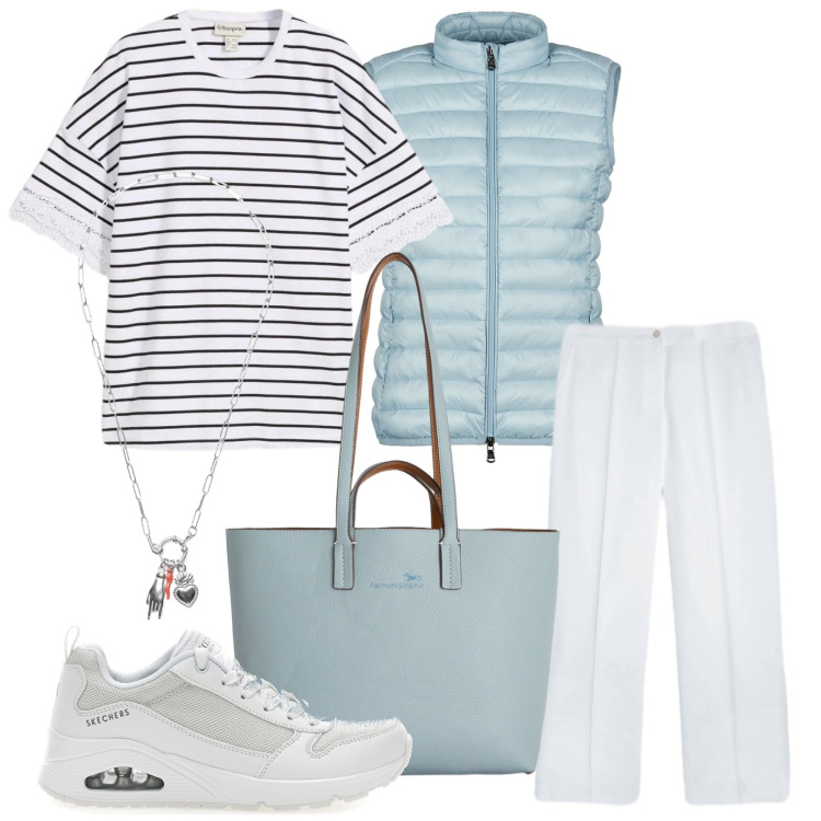 Outfit donna - Sportiva. Stile Minimal per Tutti i giorni. Abbinamento con t-shirt, pantaloni, shopping bag, ciondoli, piumini, sneakers.