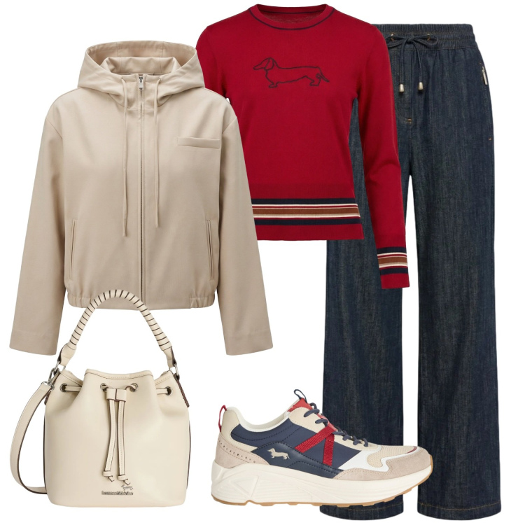 Outfit donna - Casual chic stile barca. Stile Casual chic per Tutti i giorni. Abbinamento con maglieria, sneakers, borse a secchiello, cappotti, pantaloni.