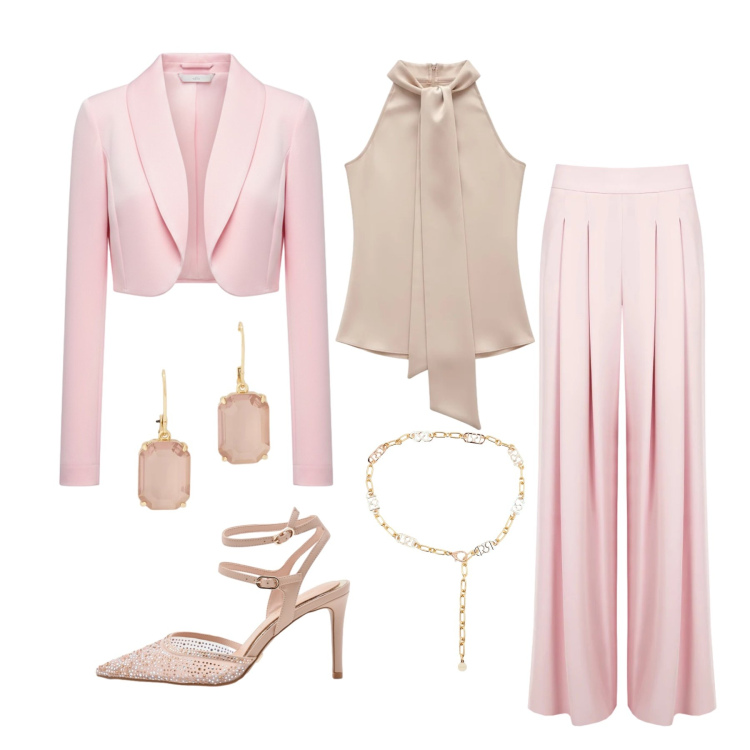 Outfit donna - Aprile. Stile Chic per Cerimonia. Abbinamento con top, pantaloni a palazzo, cinture, décolleté, bolero, orecchini.