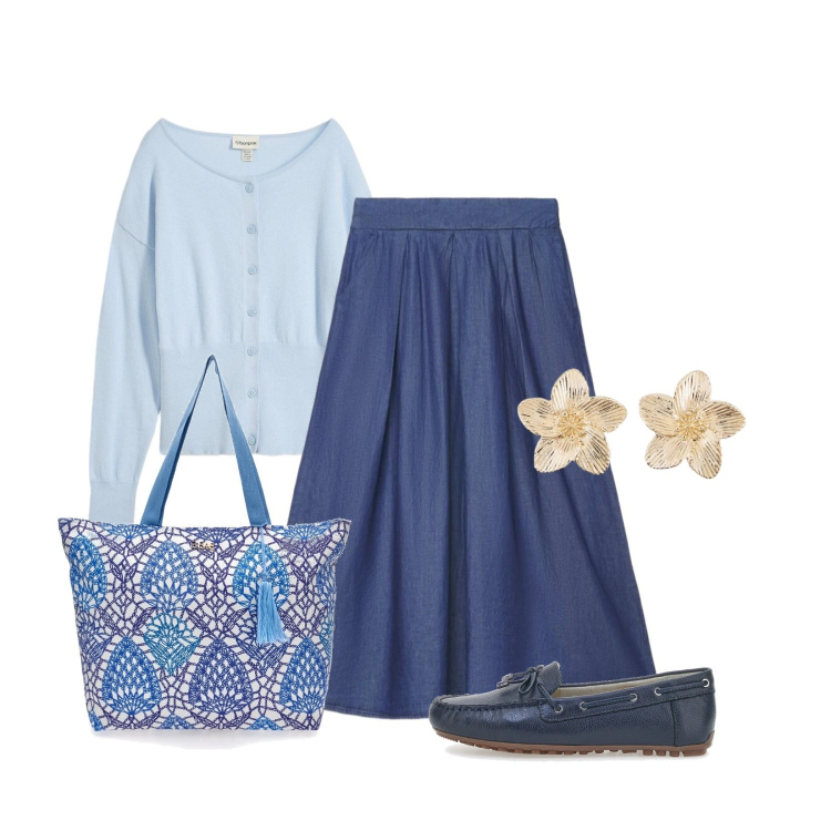 Outfit donna - Total look #2378374. Stile Glamour per Tutti i giorni. Abbinamento con cardigans, orecchini, gonne lunghe, mocassini, shopping bag.