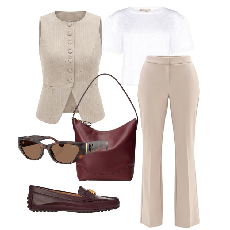 Outfit donna - Aprile. Stile Casual chic per Tutti i giorni. Abbinamento con pantaloni, t-shirt, gilet, occhiali da sole, mocassini, borse a secchiello.