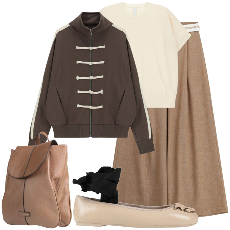 Outfit donna - Felpa con alamari. Stile Glamour per Scuola/Università. Abbinamento con ballerine, zaini, pantaloni a palazzo, felpe, t-shirt.