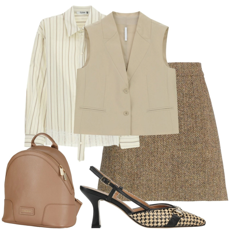 Outfit donna - Gonna in tweed. Stile Bon Ton per Ufficio. Abbinamento con minigonne, décolleté, zaini, camicie, gilet.