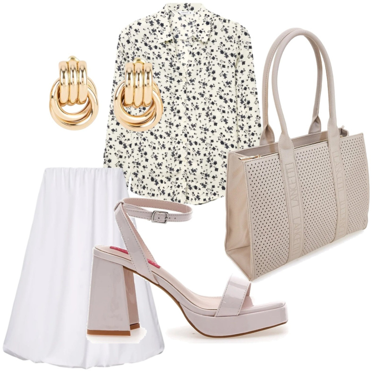 Outfit donna - Tacchi e camicia. Stile Minimal per Tutti i giorni. Abbinamento con orecchini, camicie, gonne lunghe, sandali col tacco, borse a spalla.