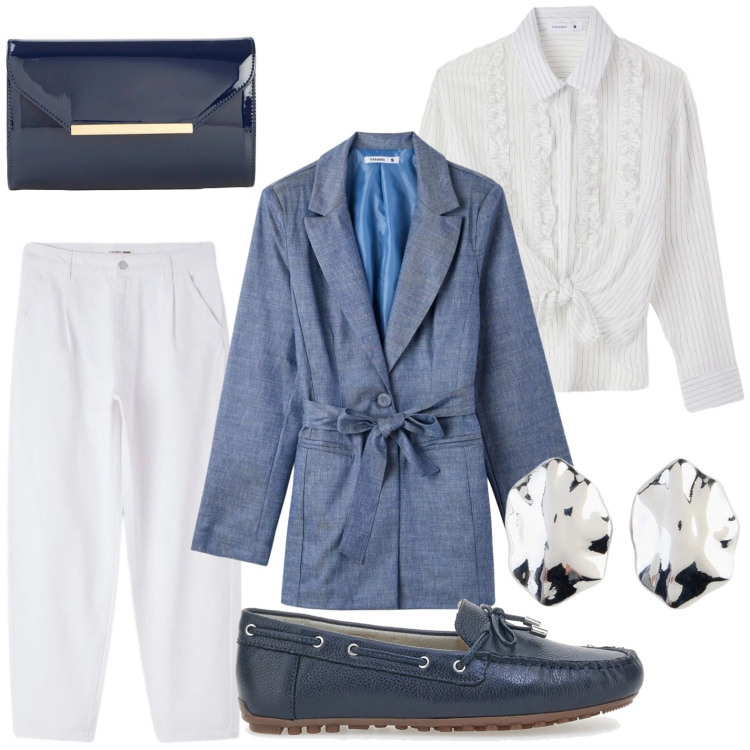 Outfit donna - Mocassini lovers. Stile Minimal per Tutti i giorni. Abbinamento con pochette, orecchini, camicie, blazer, pantaloni, mocassini.