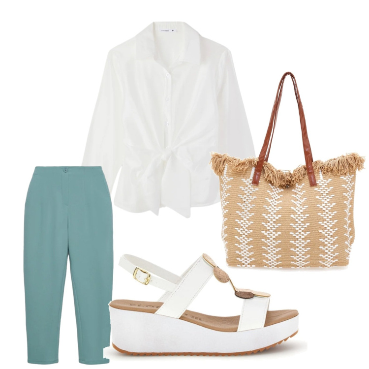 Outfit donna - Passeggiata al mare. Stile Minimal per Tutti i giorni. Abbinamento con pantaloni chino, camicie, zeppe, borse a mano.