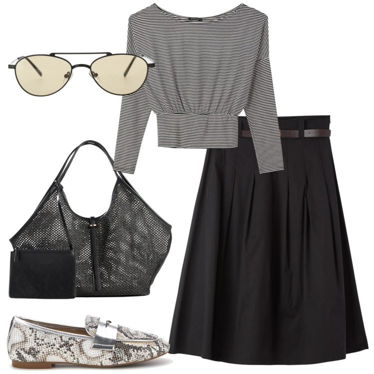 Outfit donna - Blusa a righe. Stile Urban per Ufficio. Abbinamento con shopping bag, t-shirt, gonne longuette, occhiali da sole, mocassini.