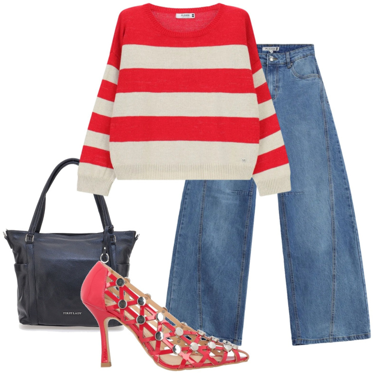 Outfit donna - Rosso. Stile Sporty chic per Serata fuori. Abbinamento con décolleté, jeans, maglieria, shopping bag.