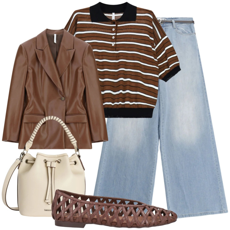 Outfit donna - Polo righe e intrecci. Stile Glamour per Tutti i giorni. Abbinamento con ballerine, blazer, polo, jeans, borse a secchiello.