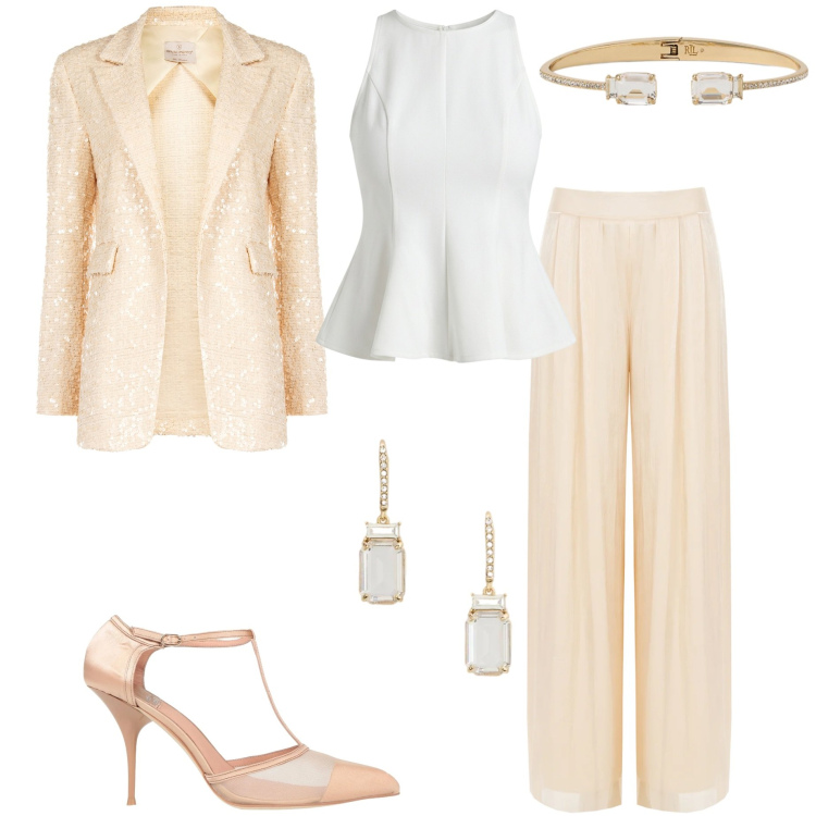 Outfit donna - Tailleur Rinascimento. Stile Chic per Cerimonia. Abbinamento con décolleté, pantaloni a palazzo, blazer, canottiere, orecchini, braccialetti.