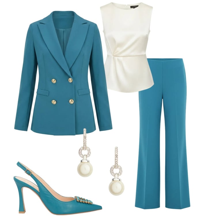 Outfit donna - Tailleur Rinascimento. Stile Chic per Cerimonia. Abbinamento con décolleté, bluse, pantaloni a palazzo, blazer, orecchini.