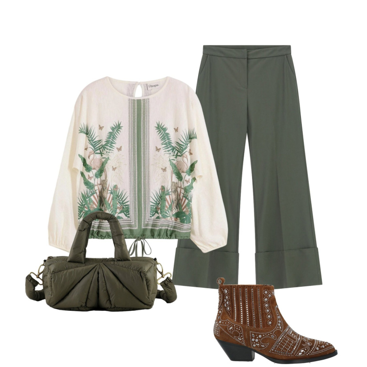 Outfit donna - Muschio selvatico. Stile Sporty chic per Tutti i giorni. Abbinamento con stivaletti, tuniche, pantaloni a palazzo, borse a mano.