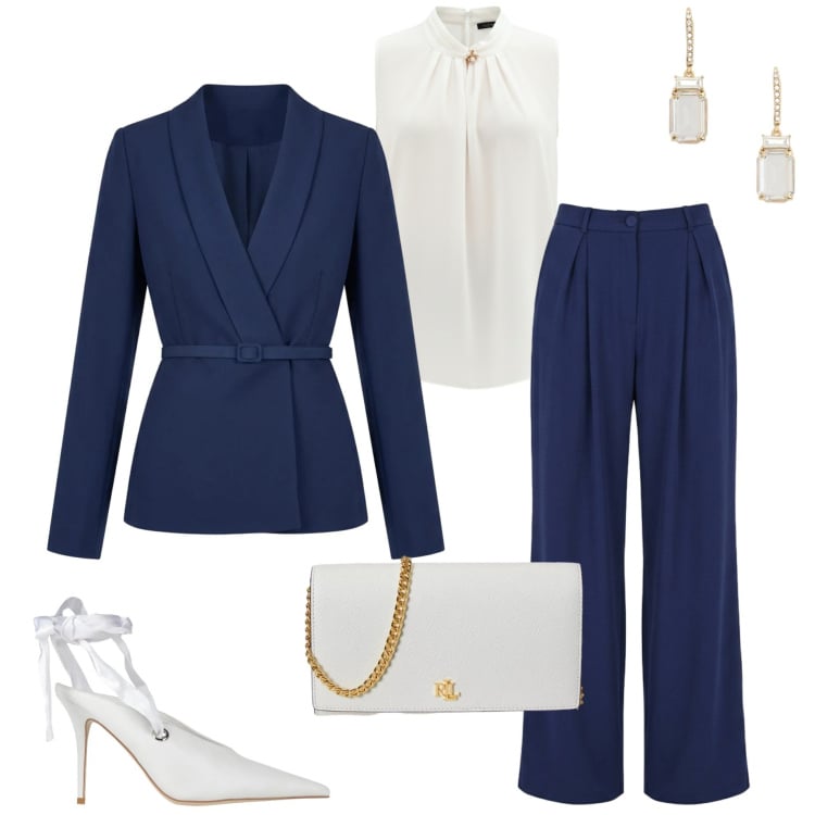 Outfit donna - Tailleur Rinascimento. Stile Chic per Cerimonia. Abbinamento con décolleté, blazer, pantaloni a palazzo, top, orecchini, borse a tracolla.