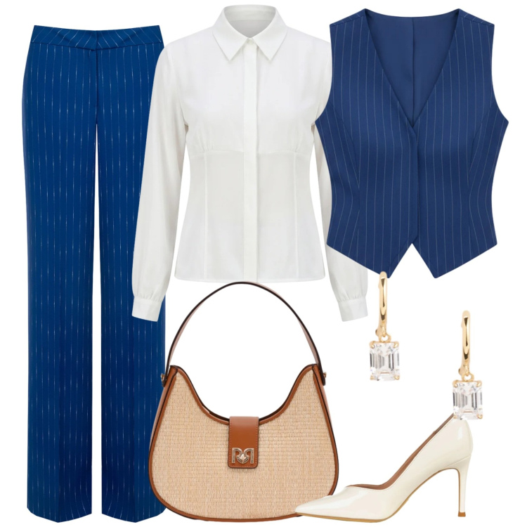 Outfit donna - Perfetta. Stile Mannish per Ufficio. Abbinamento con gilet, borse a spalla, pantaloni, camicie, décolleté, orecchini.
