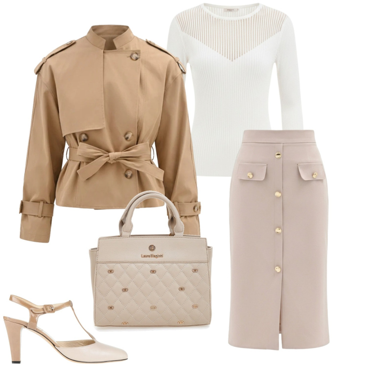 Outfit donna - Riunione in ufficio. Stile Casual chic per Ufficio. Abbinamento con décolleté, gonne longuette, caban, maglieria, borse a mano.