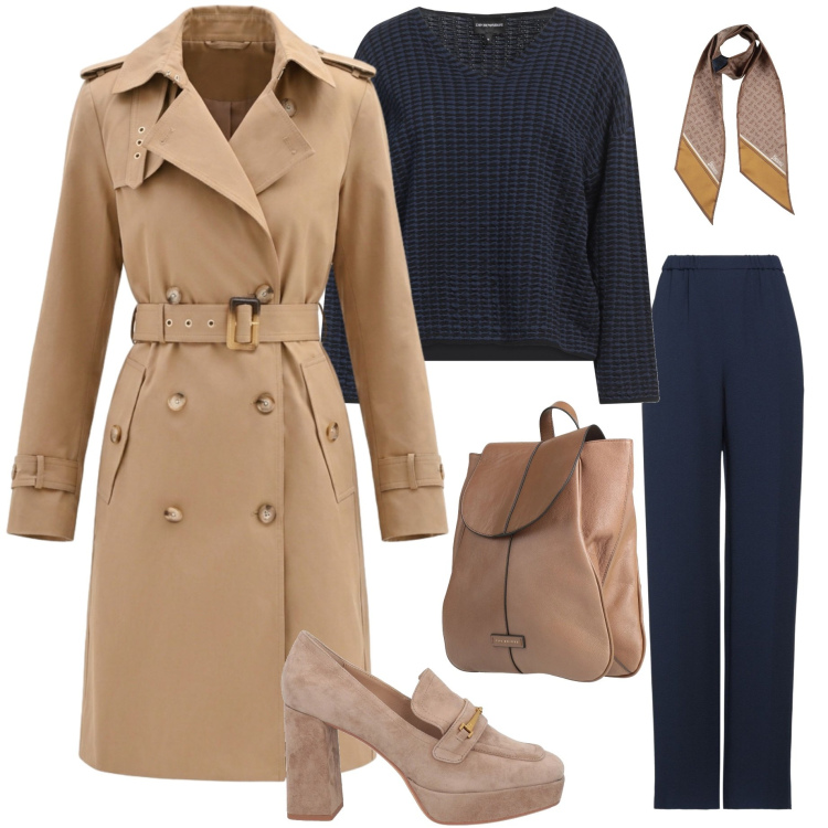 Outfit donna - Urban style. Stile Urban per Ufficio. Abbinamento con pantaloni, zaini, pullovers, mocassini, sciarpe, trench.
