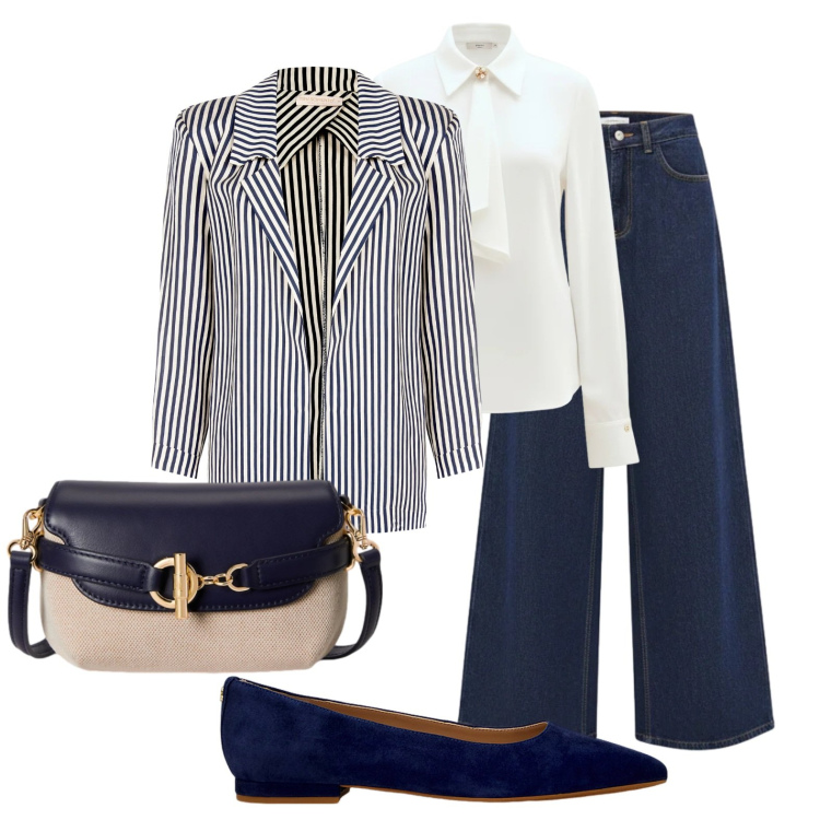Outfit donna - Blazer a righe. Stile Bon Ton per Ufficio. Abbinamento con blazer, jeans, camicie, ballerine, borse a tracolla.