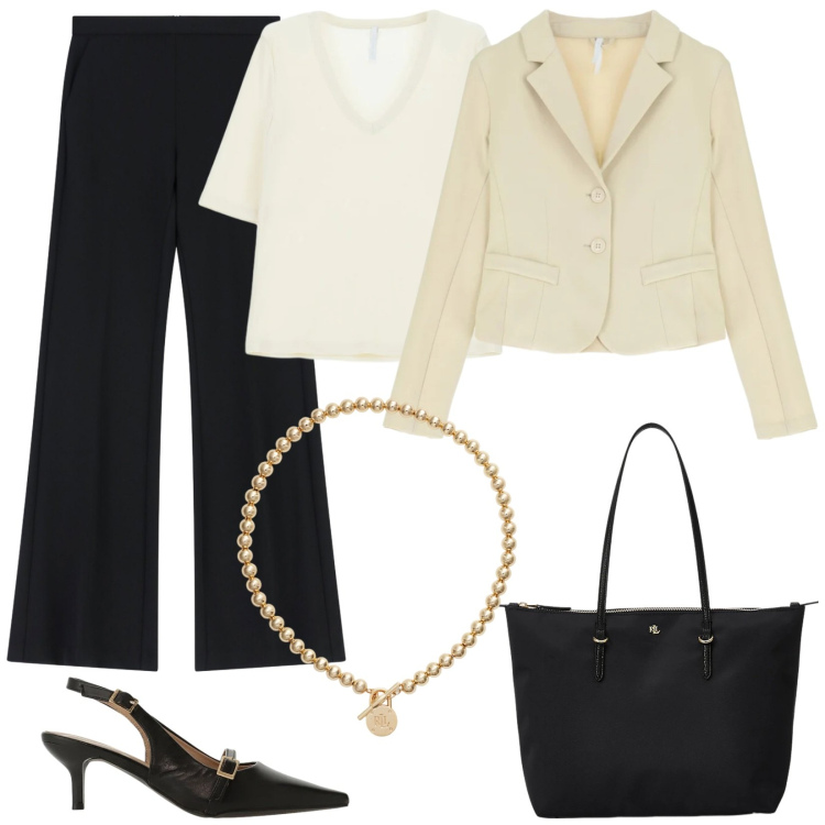 Outfit donna - Basic con eleganza. Stile Basic per Tutti i giorni. Abbinamento con t-shirt, pantaloni, blazer, sandali col tacco, borse tote, collane.