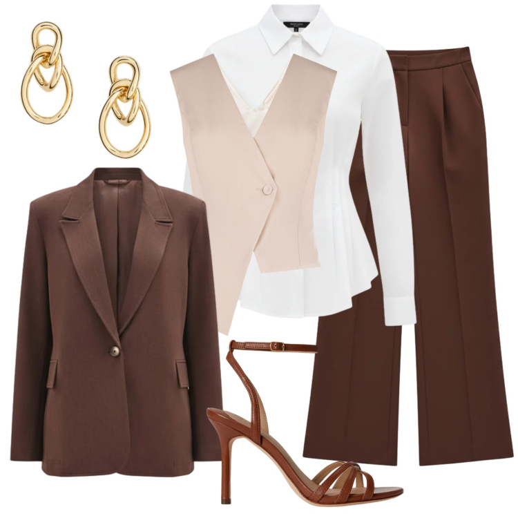Outfit donna - Marrone con animo sexy. Stile Glamour per Cerimonia. Abbinamento con gilet, camicie, blazer, pantaloni a palazzo, orecchini, sandali in pelle.