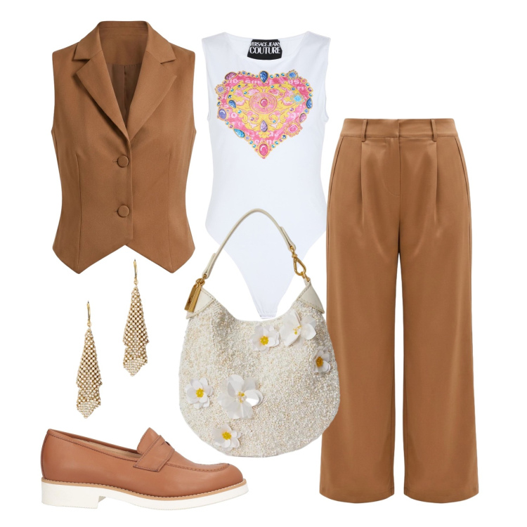 Outfit donna - Aprile. Stile Casual chic per Tutti i giorni. Abbinamento con mocassini, body, pantaloni a palazzo, gilet, pochette, orecchini.