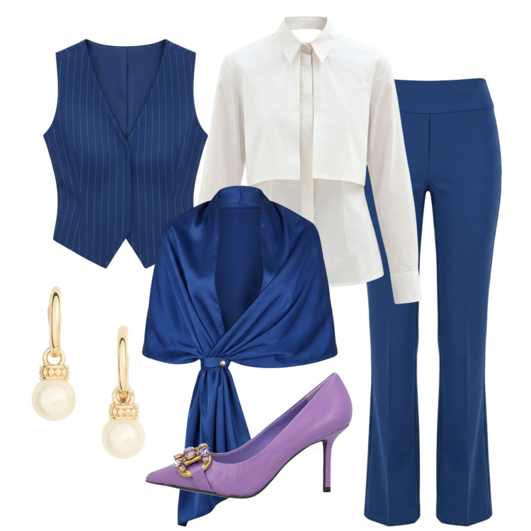 Outfit donna - Aprile. Stile Chic per Cerimonia. Abbinamento con décolleté, gilet, camicie, pantaloni, stole, orecchini.