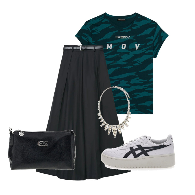 Outfit donna - Total look #2378420. Stile Urban per Scuola/Università. Abbinamento con pantaloni, collane, t-shirt, sneakers, borse a tracolla.