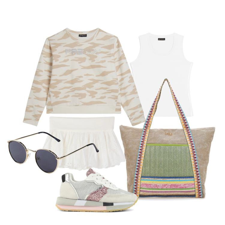 Outfit donna - Aprile. Stile Basic per Tutti i giorni. Abbinamento con occhiali da sole, minigonne, canottiere, felpe, sneakers, shopping bag.