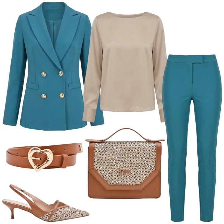 Outfit donna - Total look #2378427. Stile Chic per Ufficio. Abbinamento con pantaloni, blazer, bluse, décolleté, pochette, cinture.