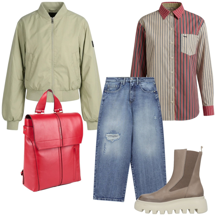 Outfit donna - AprilE. Stile Urban per Tutti i giorni. Abbinamento con stivaletti, zaini, jeans strappati, camicie, bomber.