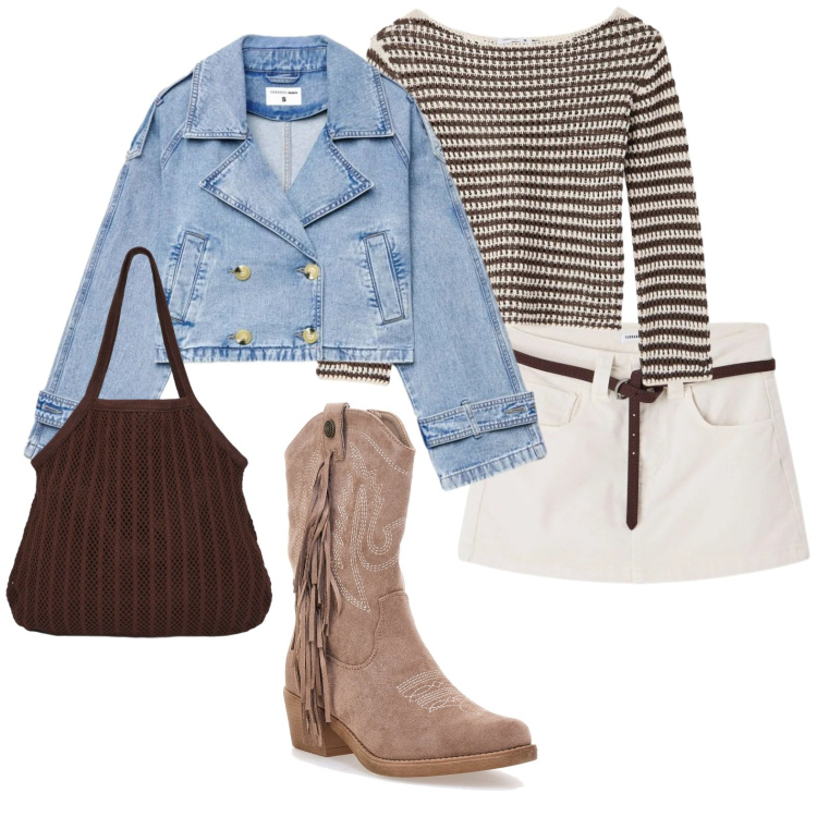 Outfit donna - Ranch glam. Stile Glamour per Scuola/Università. Abbinamento con maglieria, caban, shopping bag, minigonne, stivaletti texani.