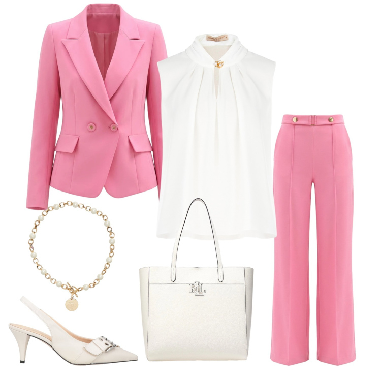 Outfit donna - Power Suit in Rosa Pastello. Stile Glamour per Cerimonia. Abbinamento con décolleté, top, pantaloni a palazzo, blazer, collane, borse tote.