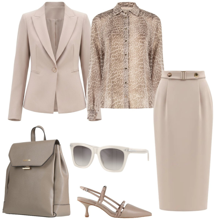 Outfit donna - Ufficio. Stile Bon Ton per Ufficio. Abbinamento con décolleté, zaini, gonne longuette, camicie, blazer, occhiali da sole.