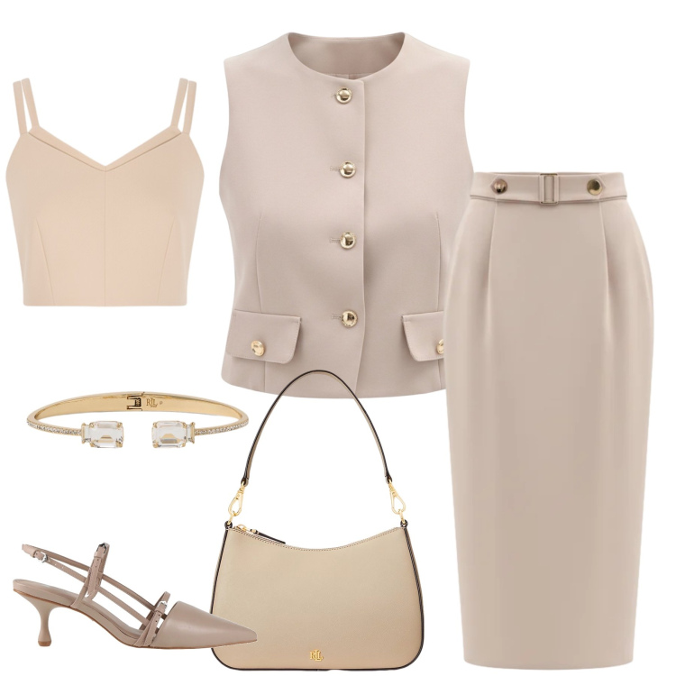 Outfit donna - Sinfonia Minimal. Stile Glamour per Cerimonia. Abbinamento con décolleté, gonne longuette, top, gilet, borse a spalla, braccialetti.