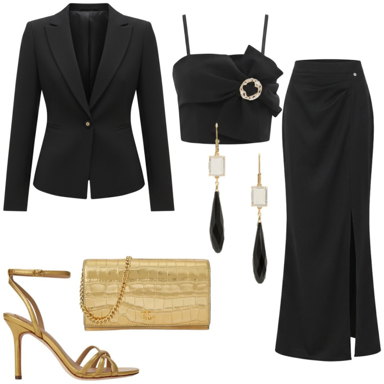 Outfit donna - Cerimonia. Stile Chic per Cerimonia. Abbinamento con gonne lunghe, blazer, top, borse a tracolla, orecchini, sandali in pelle.