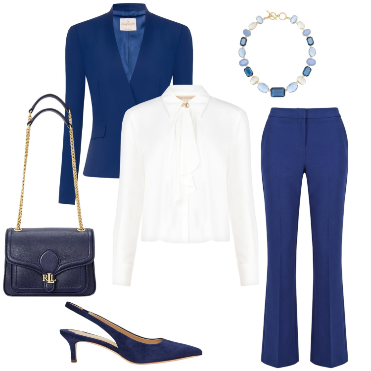 Outfit donna - Royal Blue Authority. Stile Glamour per Cerimonia. Abbinamento con camicie, blazer, pantaloni, décolleté, borse a spalla, collane.