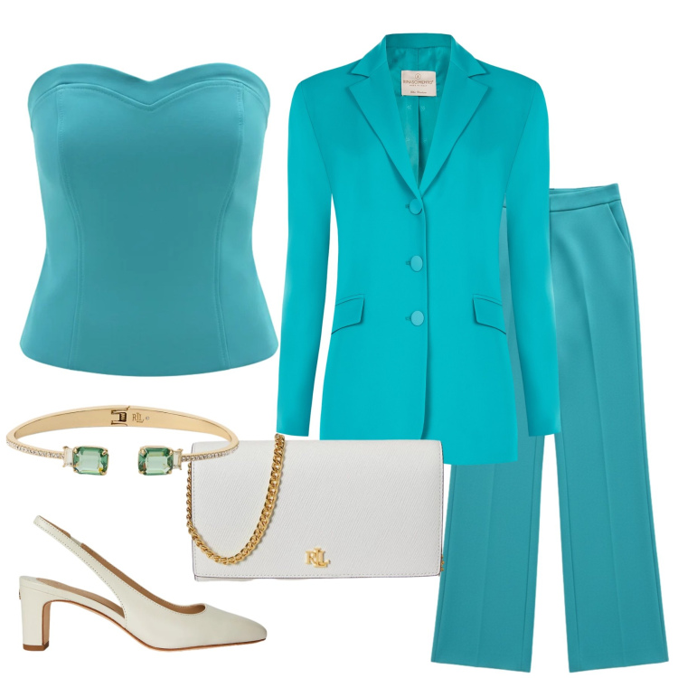 Outfit donna - Turquoise Glamour. Stile Glamour per Cerimonia. Abbinamento con blazer, pantaloni a palazzo, top, braccialetti, décolleté, borse a tracolla.