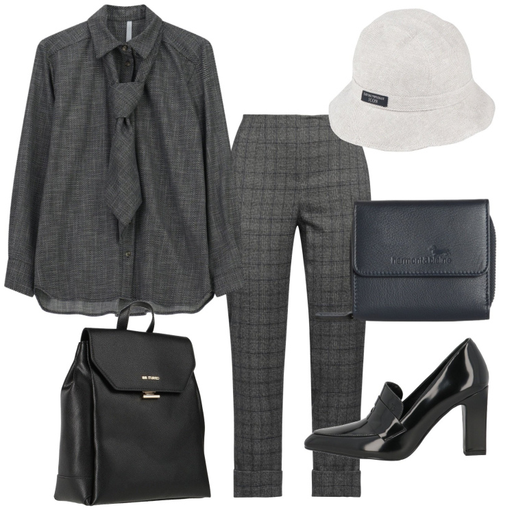 Outfit donna - In grigio in ufficio. Stile Trendy per Ufficio. Abbinamento con mocassini, pantaloni, cappelli, zaini, camicie, portafogli.