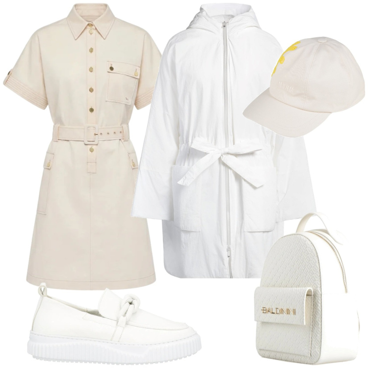 Outfit donna - Total light. Stile Trendy per Tutti i giorni. Abbinamento con parka, mocassini, zaini, cappelli con visiera, vestiti chemisier.